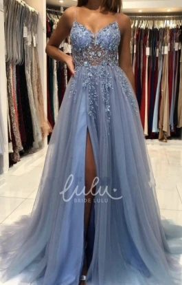 Lace Tulle Prom Dress with Appliques A-Line V-Neck Elegant Women 2025
