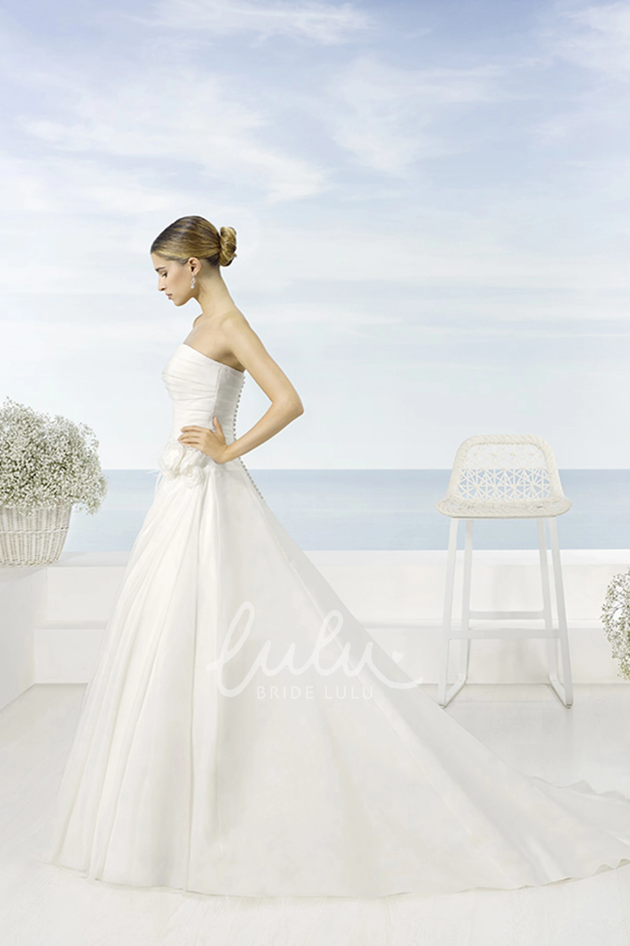 Satin A-Line Wedding Dress with Side Draping and Flower
