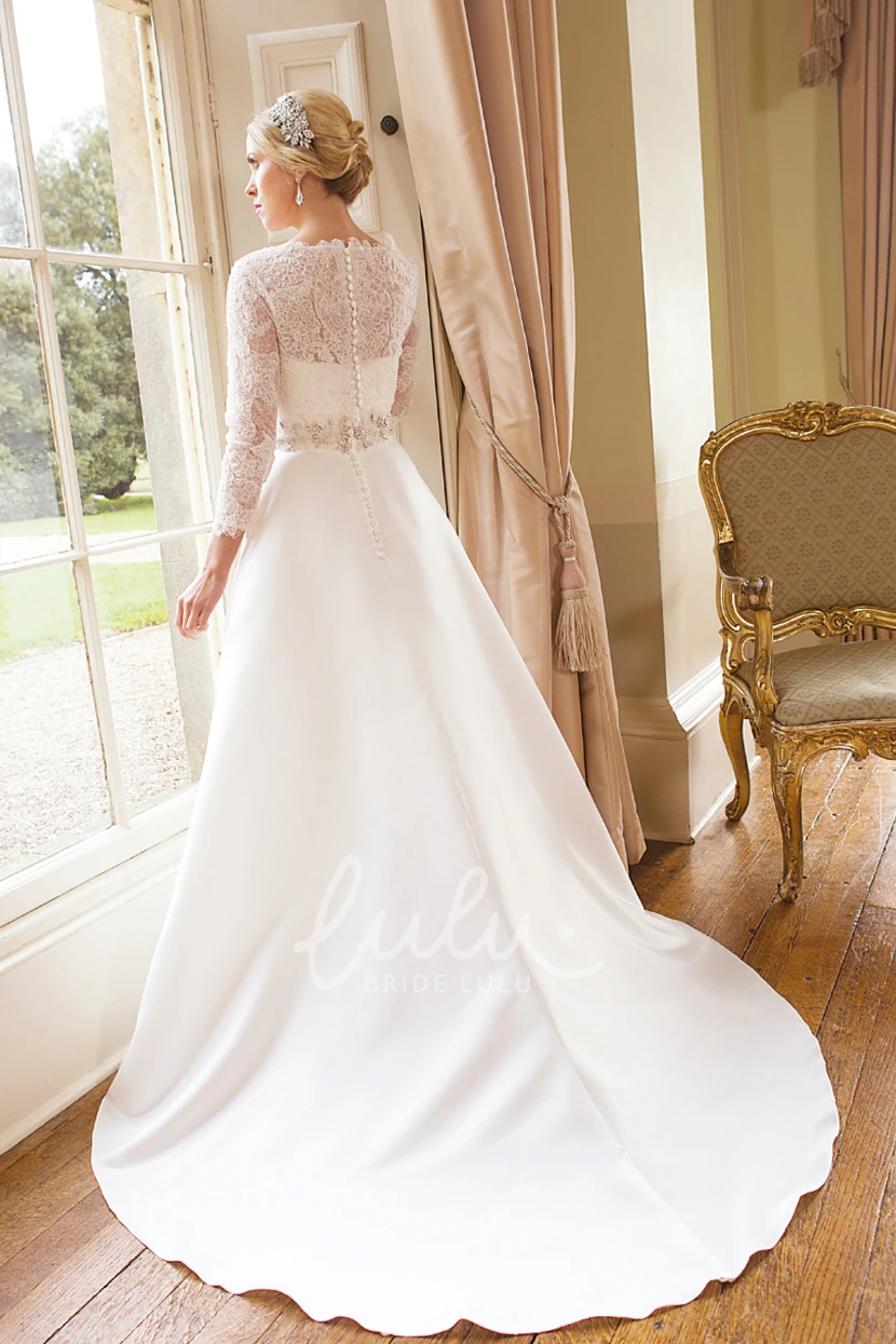 Satin Long Sleeve A-Line Wedding Dress with Bateau Neckline Classic Bridal Gown