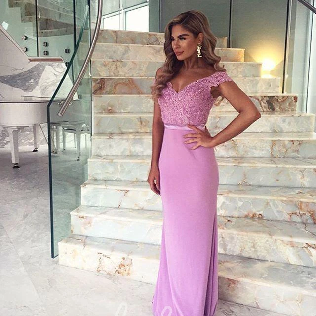 Lace Applique Mermaid Prom Dress Off-Shoulder Sweep Train Elegant Women's