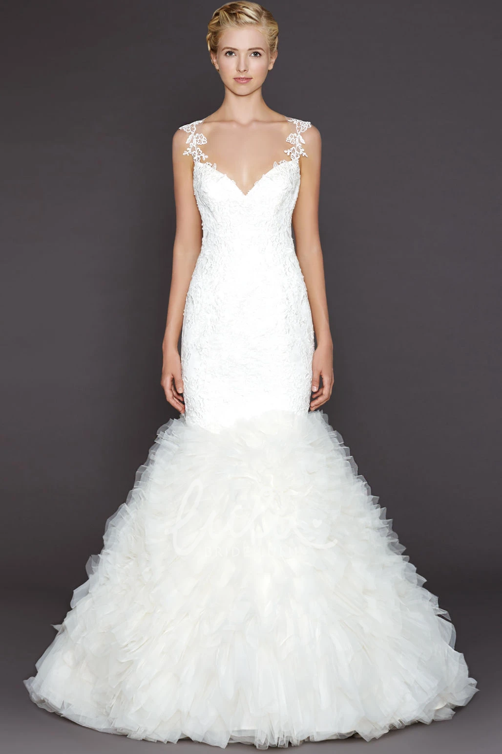 Mermaid Lace Wedding Dress with Deep-V Back and Ruffles Sleeveless Appliqued Floor-Length