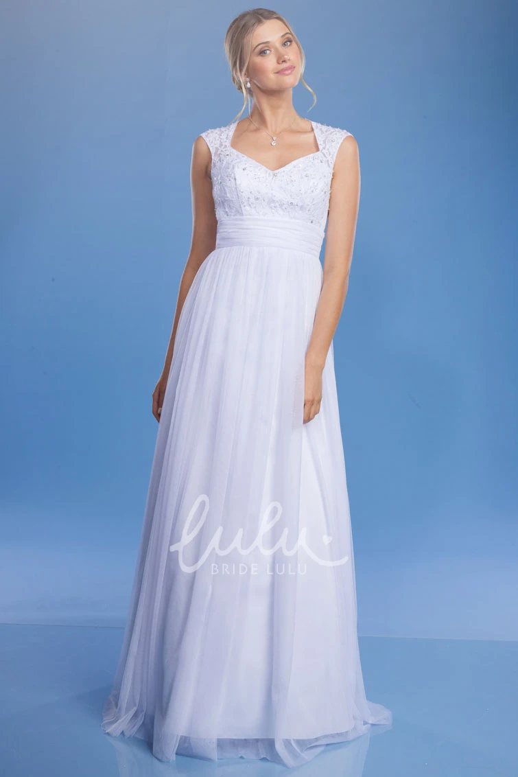 Cap-Sleeve Tulle and Satin Wedding Dress with V-Neck A-Line Style
