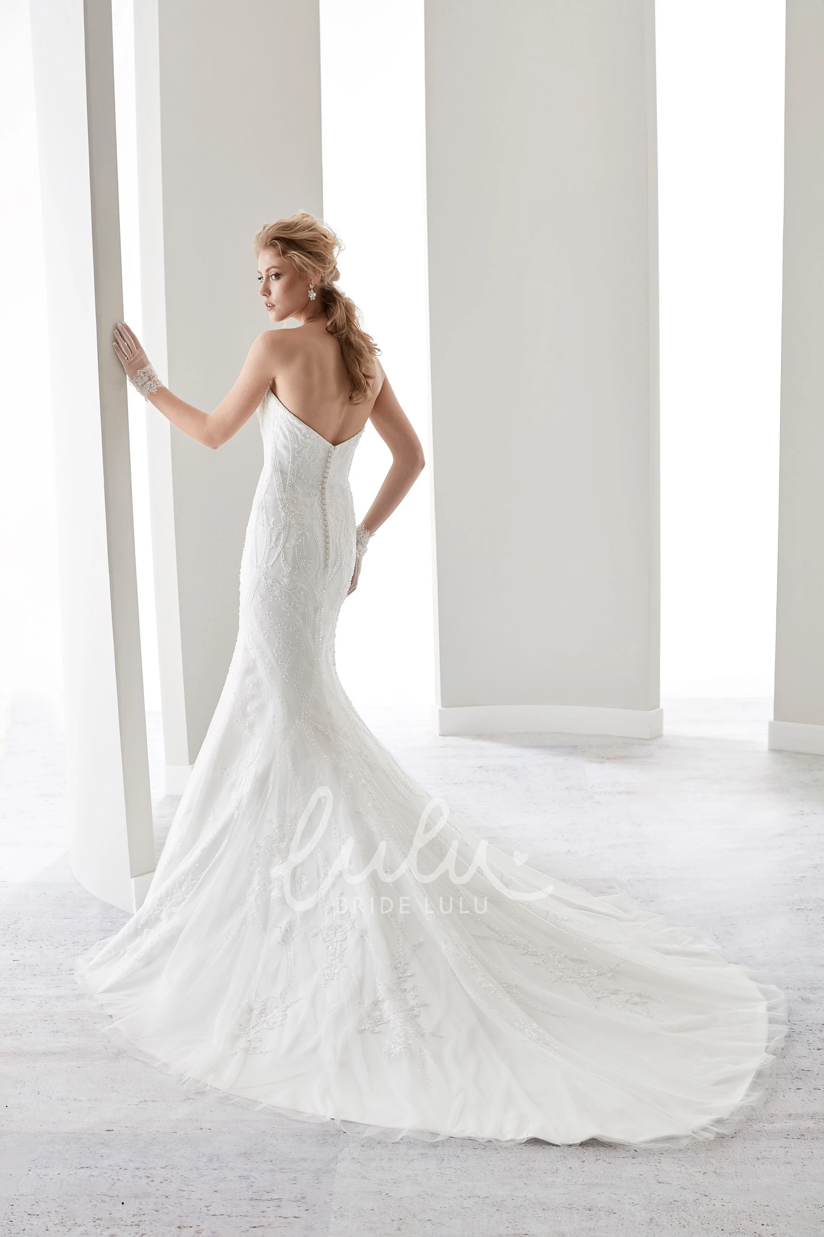 Strapless Lace Bridal Gown with Court Train and Half Back Classic Wedding Dress