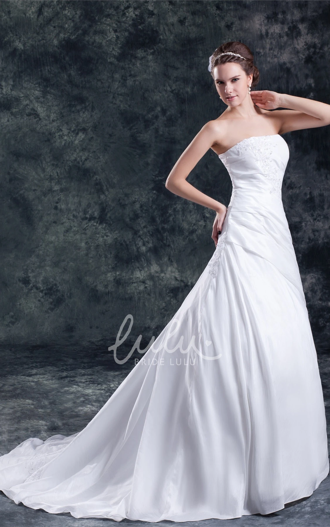 Satin A-Line Wedding Dress With Corset Back Appliques and Strapless Neckline