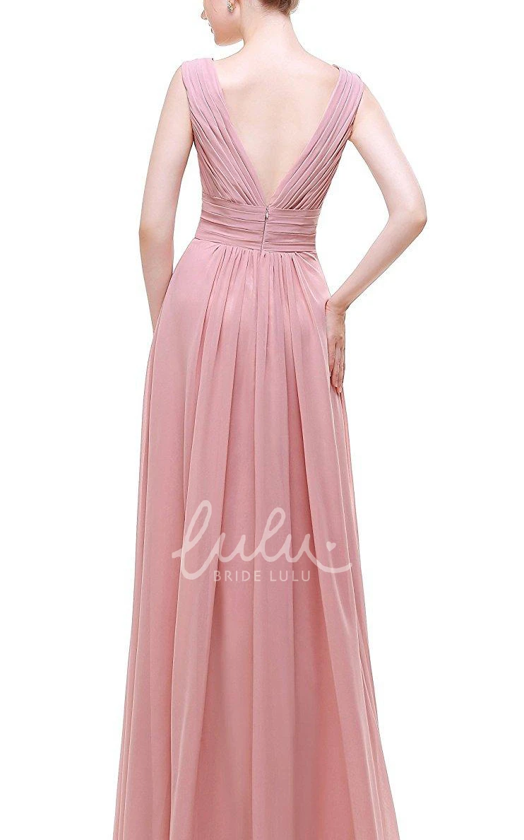 Pink Beaded Empire Chiffon Bridesmaid Dress with V-Neck and V-Back