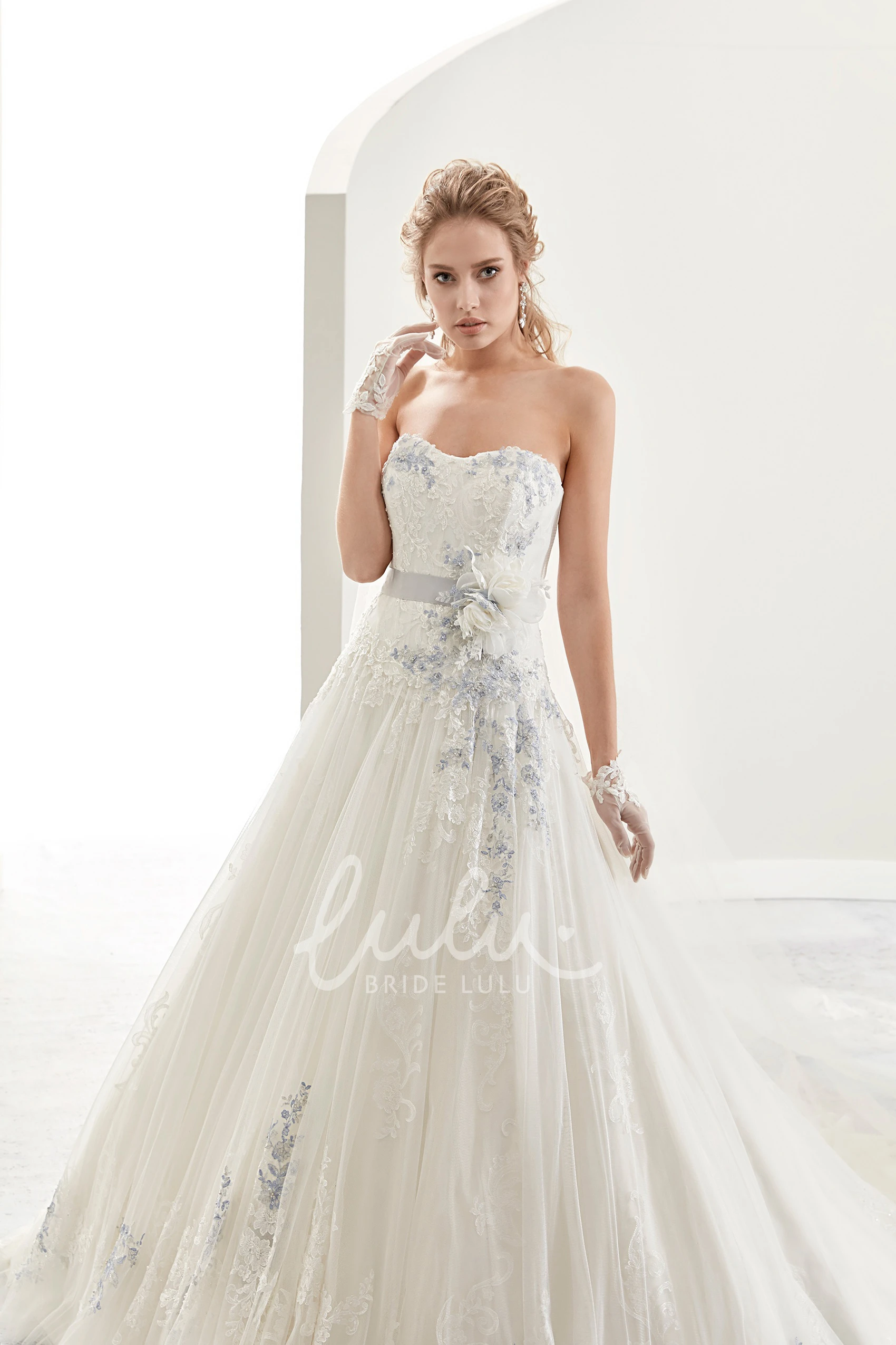 A-line Bridal Gown with Flower-sash and Fine Appliques