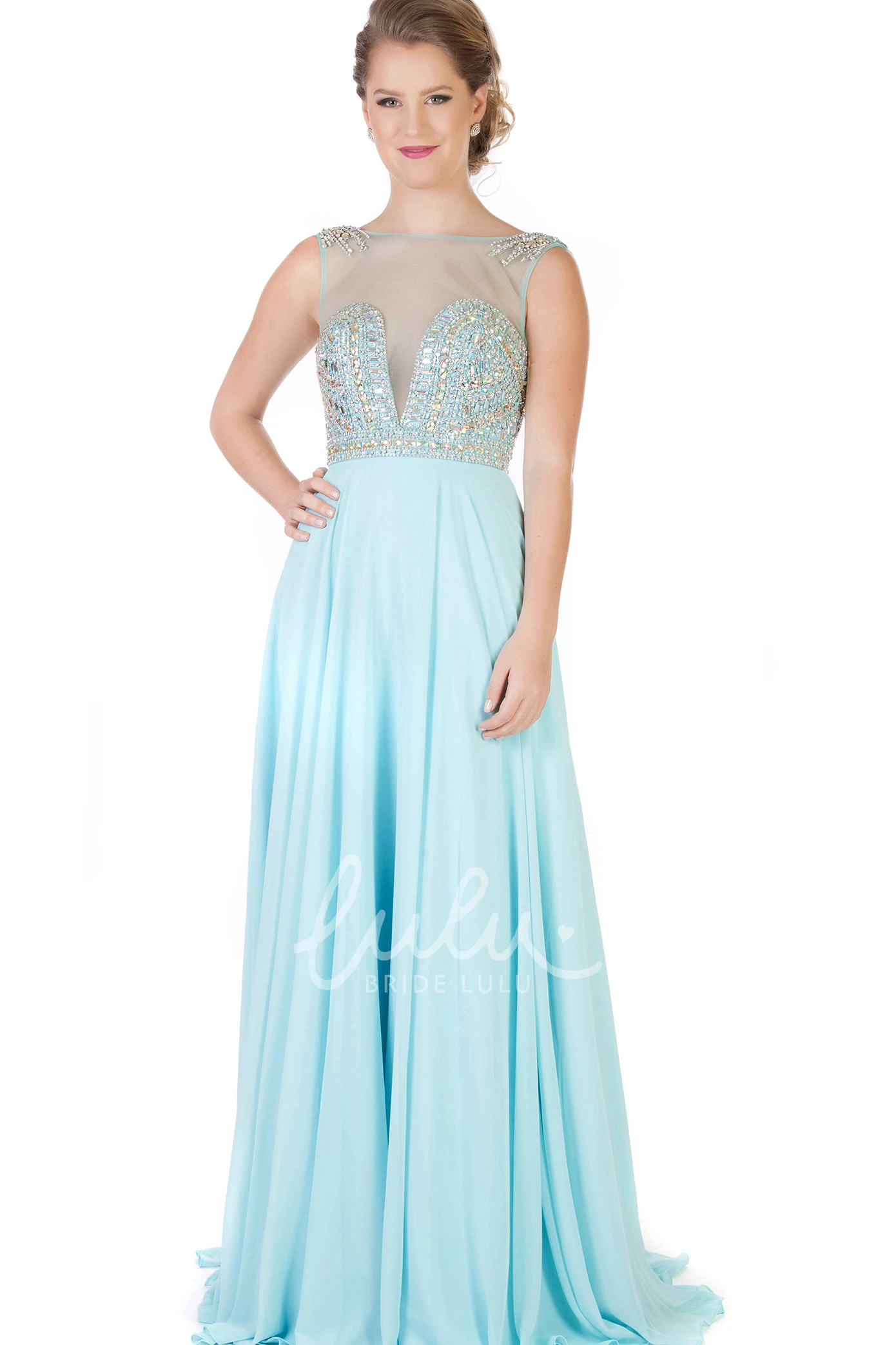 A-Line Beaded Sleeveless Chiffon Evening Dress with Jewel-Neck Floor-Length