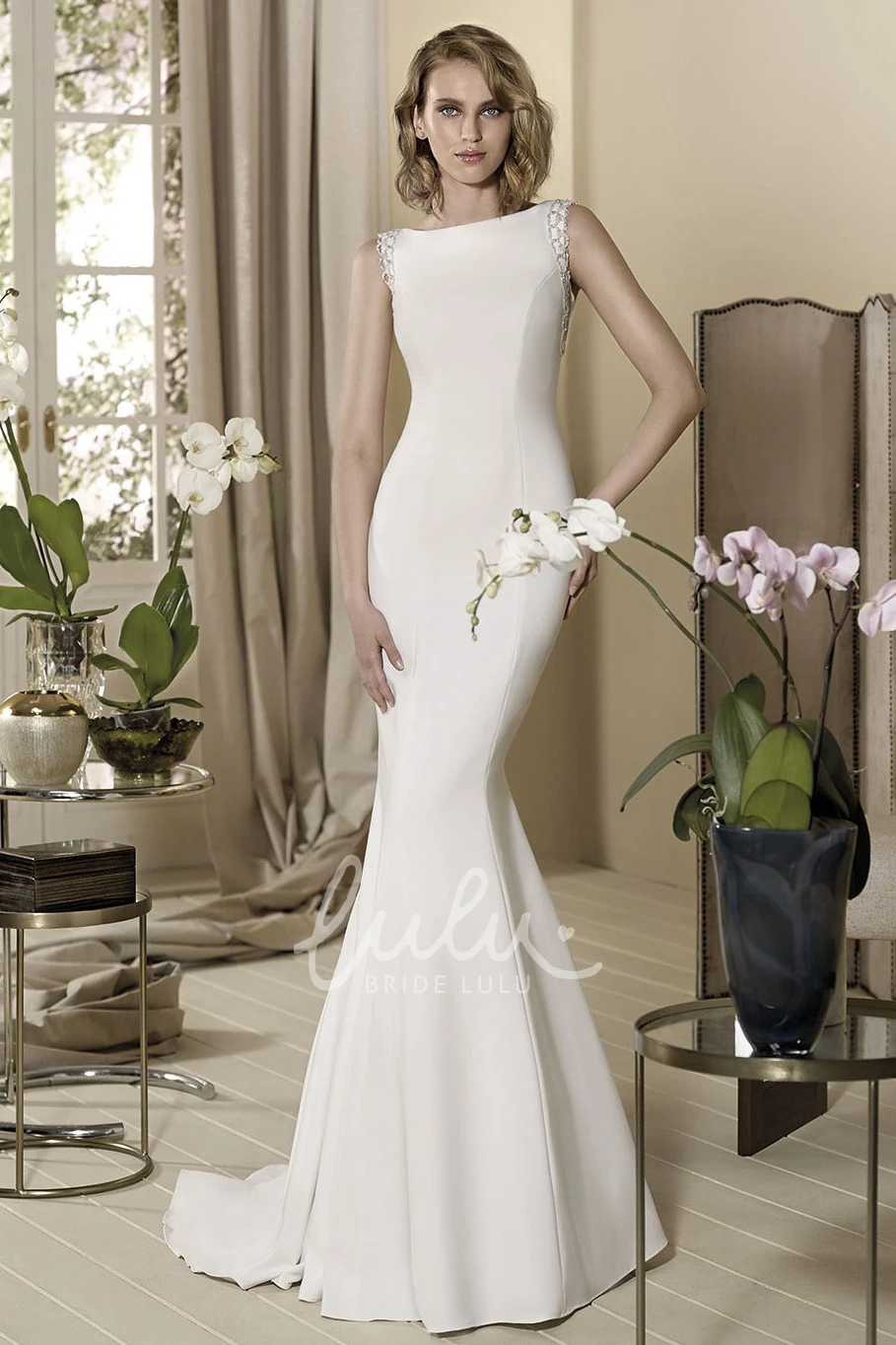 Beaded Sleeveless Sheath Wedding Dress with Bateau-Neck and Floor-Length