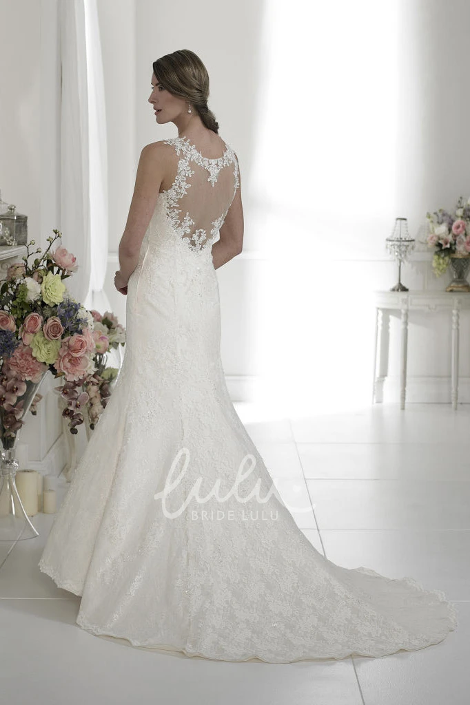 Appliqued Mermaid Lace Wedding Dress with Illusion Back and Watteau Train