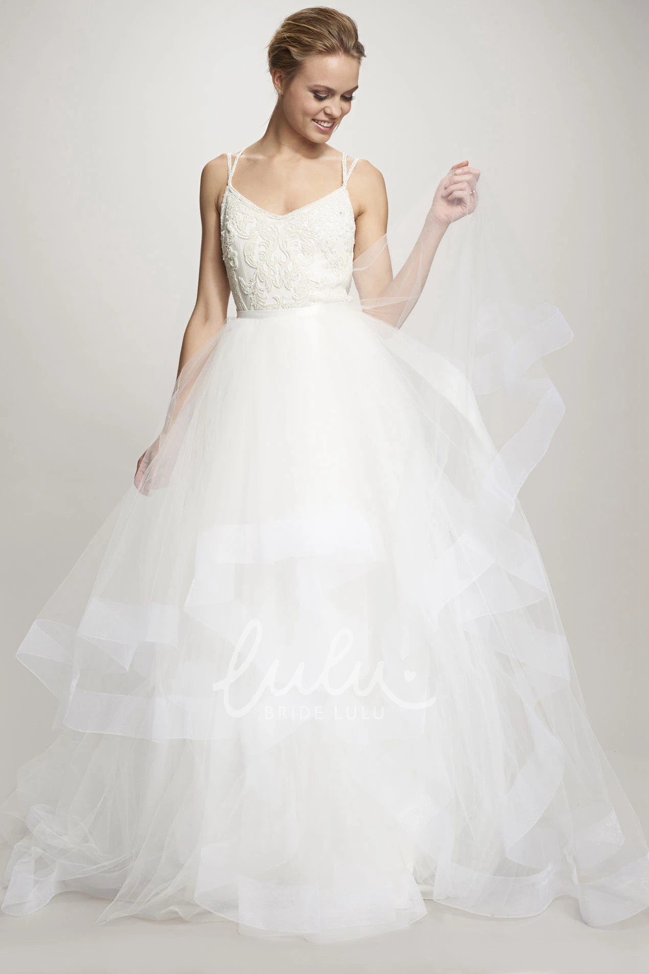 Cascading-Ruffle Tulle Ball Gown Wedding Dress with Appliques and Deep-V Back Unique Bridal Gown