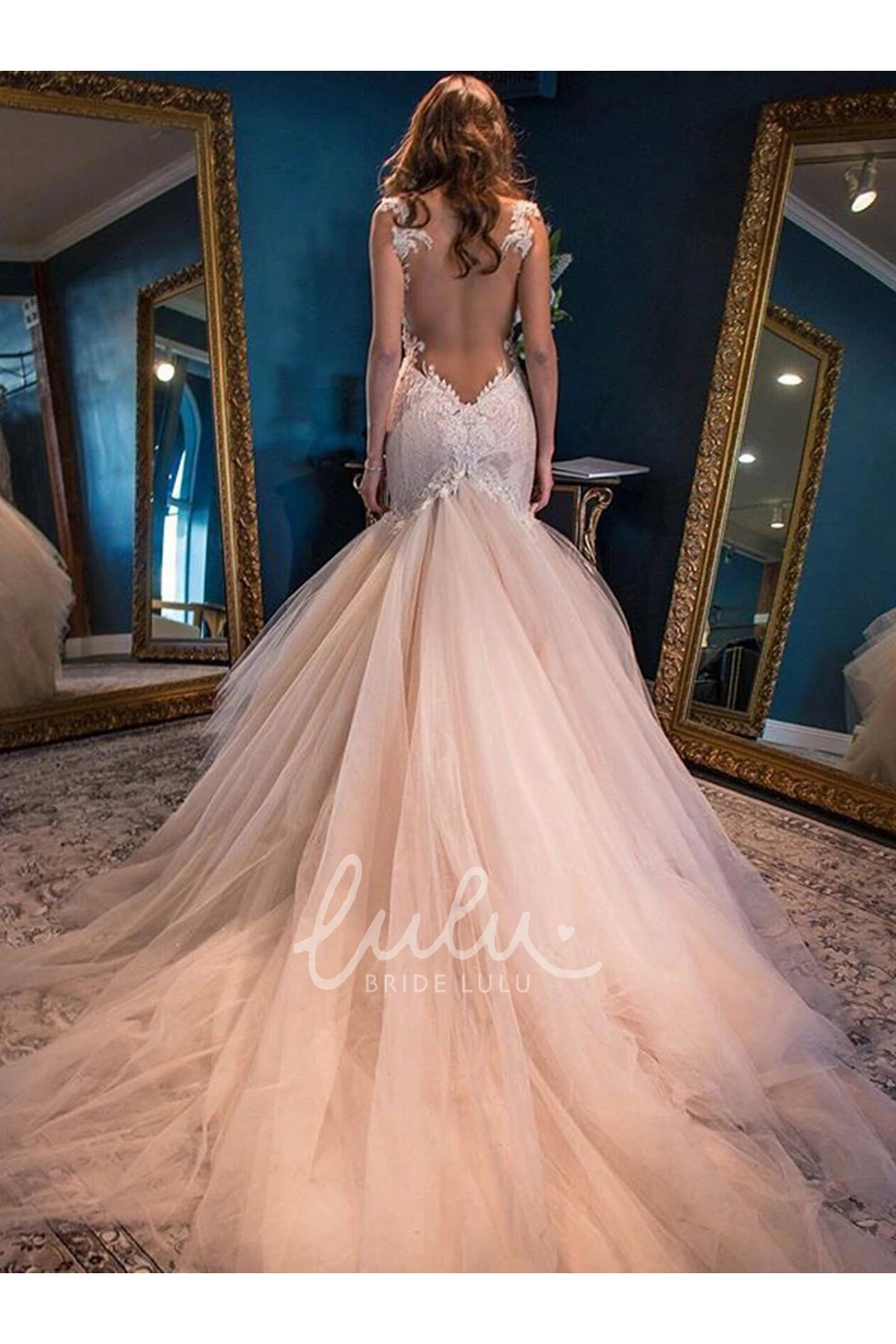 Open Back Mermaid Lace Tulle Wedding Dress