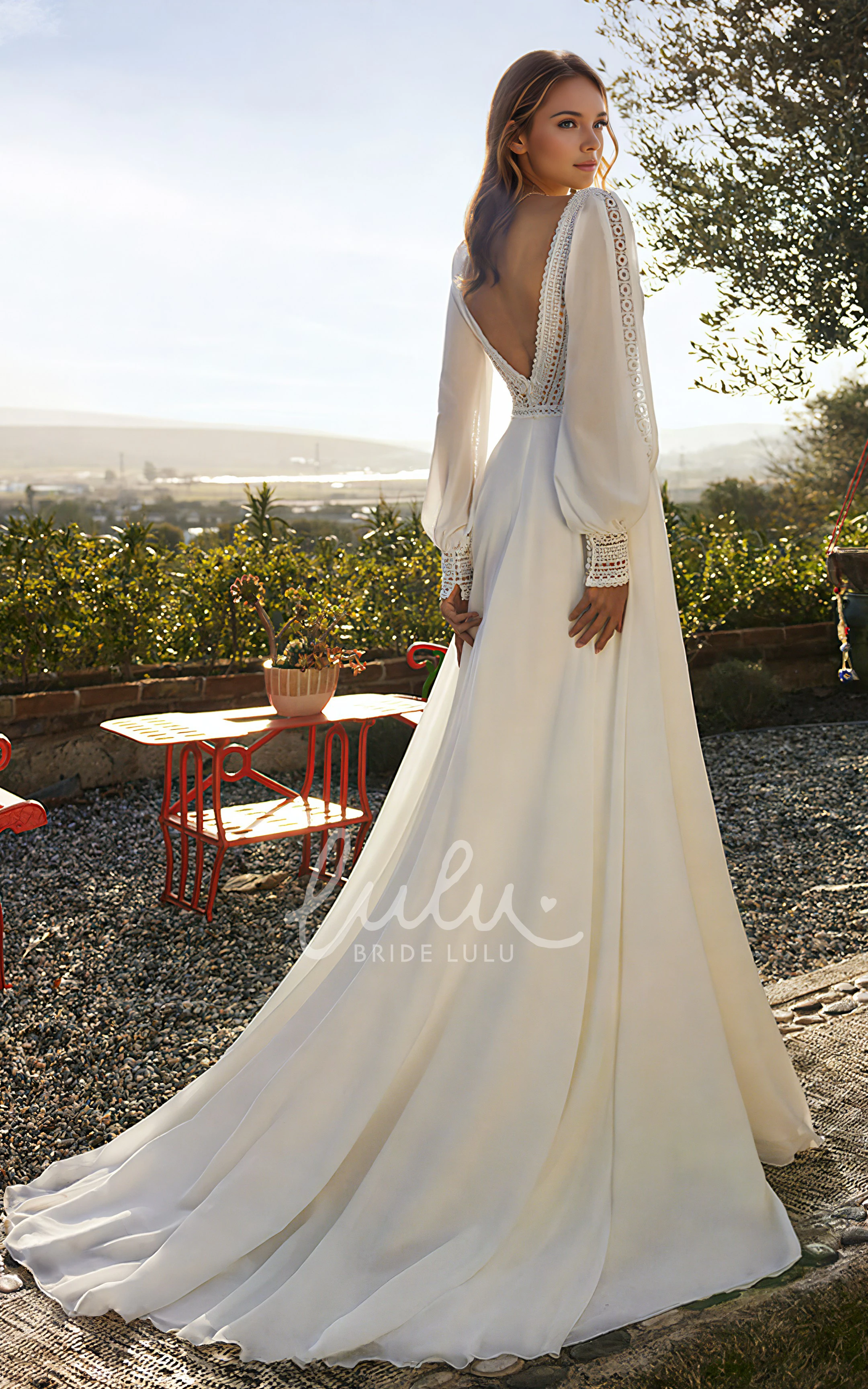 Boho Chic A-Line Plunging Neckline Lace Chiffon Spring Wedding Dress Elegant Sexy Puff Long Sleeve Floor-length Deep-V Back Bridal Gown with Train