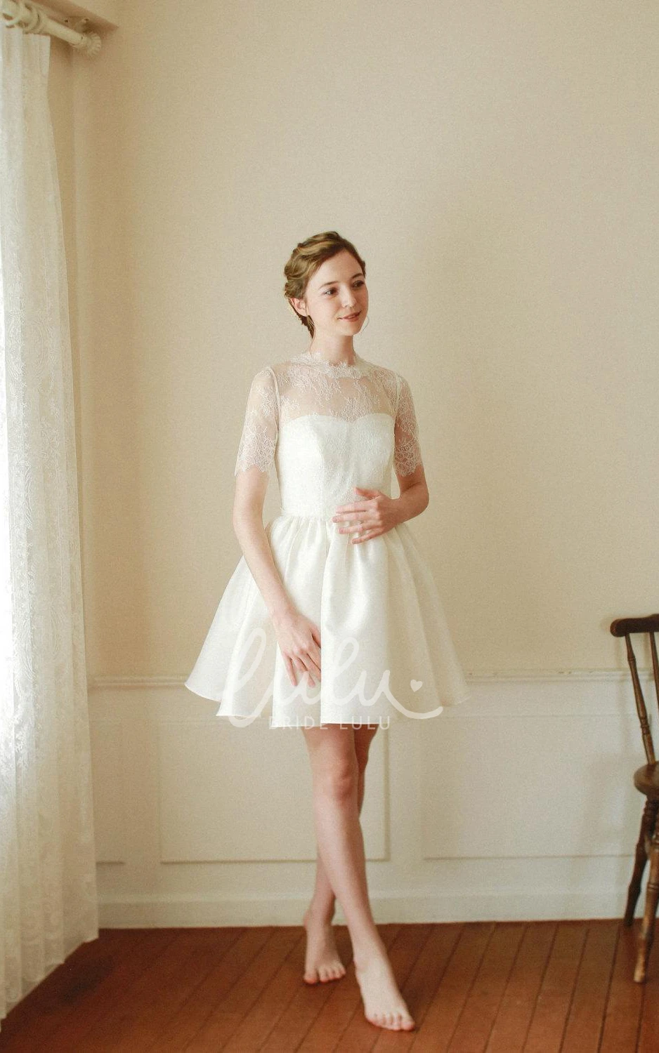 Floral Beach Garden Short A-Line Bohemian Lace Wedding Dress Illusion High Neck Button Back Midi Gown for Reception