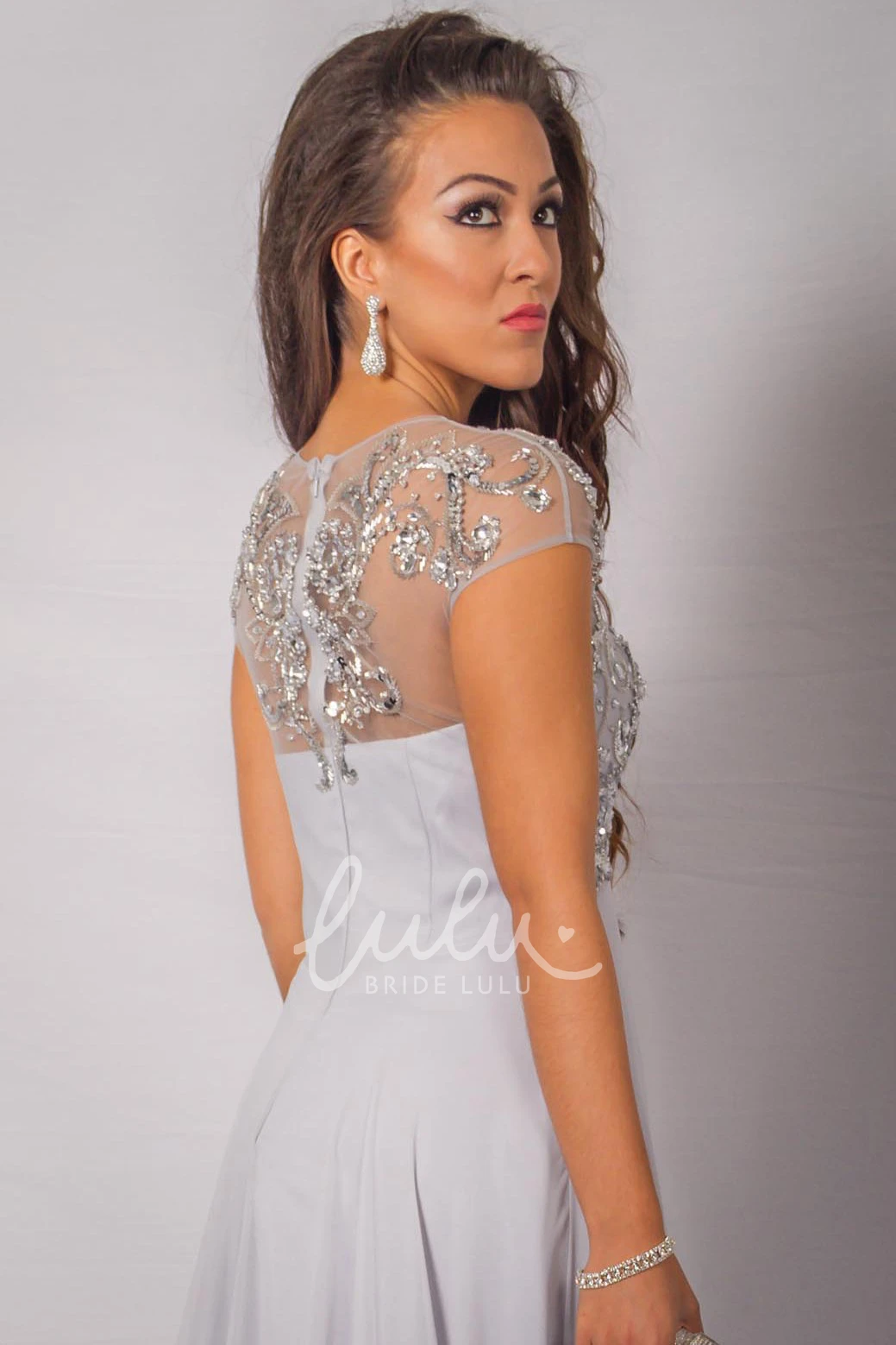 Sheath Beaded Chiffon Prom Dress With Pleats Floor-Length Cap-Sleeve