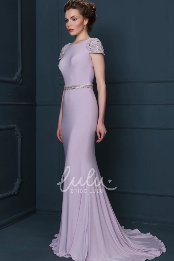 Floor-Length Beaded Jewel-Neck Sheath Formal Dress with Waist Jewelry