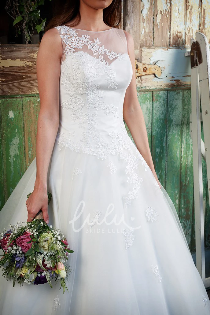Floor-Length Tulle Ball Gown Wedding Dress Sleeveless Scoop Neckline with Appliques