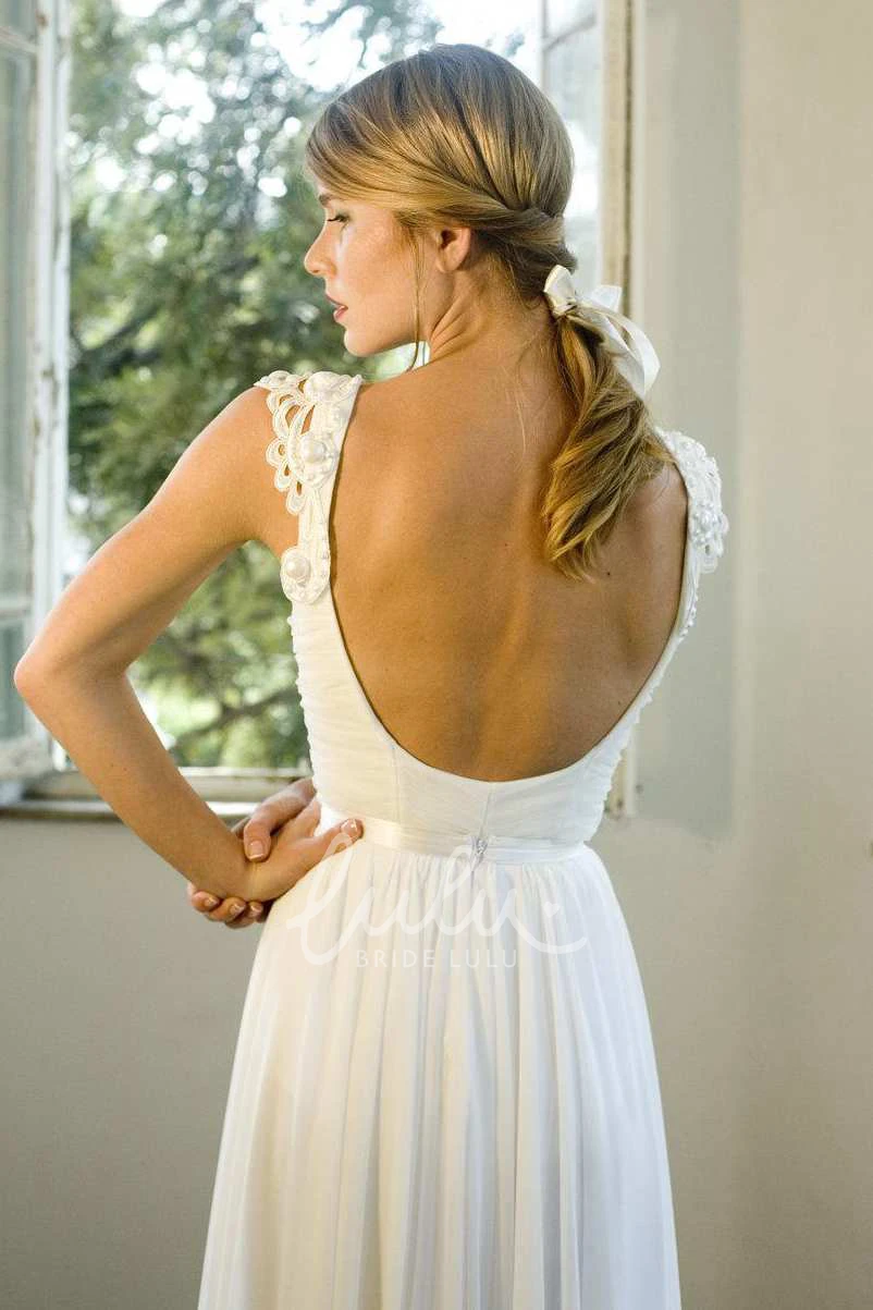 Backless Chiffon Ruched Wedding Dress with Appliqued Cap Sleeves