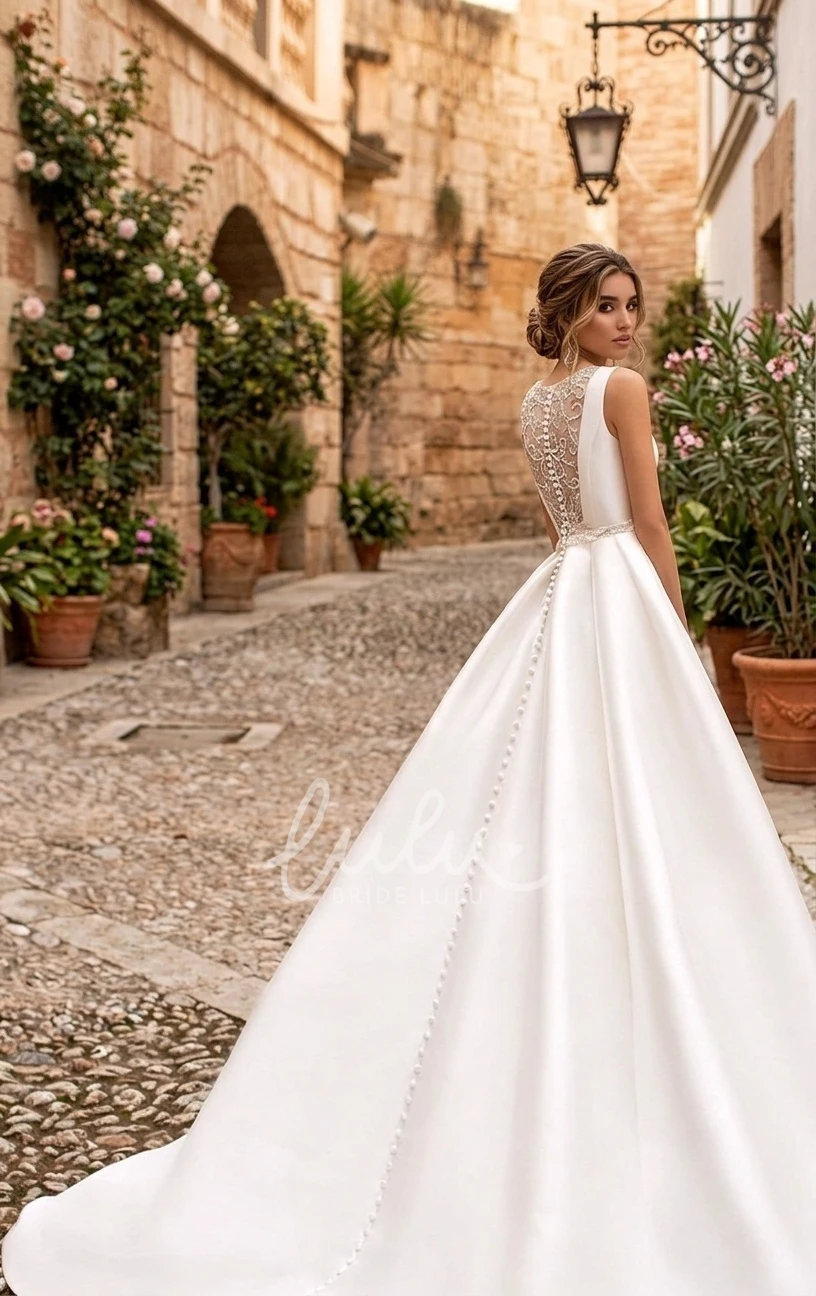 Modest Elegant A-Line Boat Neck Spring Wedding Dress Princess Solid Button Back Court Train Bridal Gown