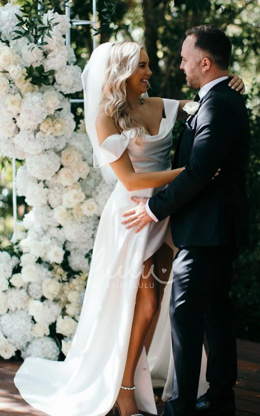 Off-the-shoulder Satin A-Line Wedding Dress Sleeveless Ruching