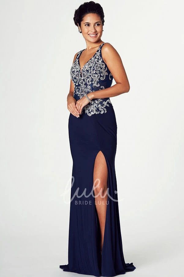 Sleeveless V-Neck Maxi Jersey Prom Dress with Appliques and Split Front Classy Prom Dress for Women