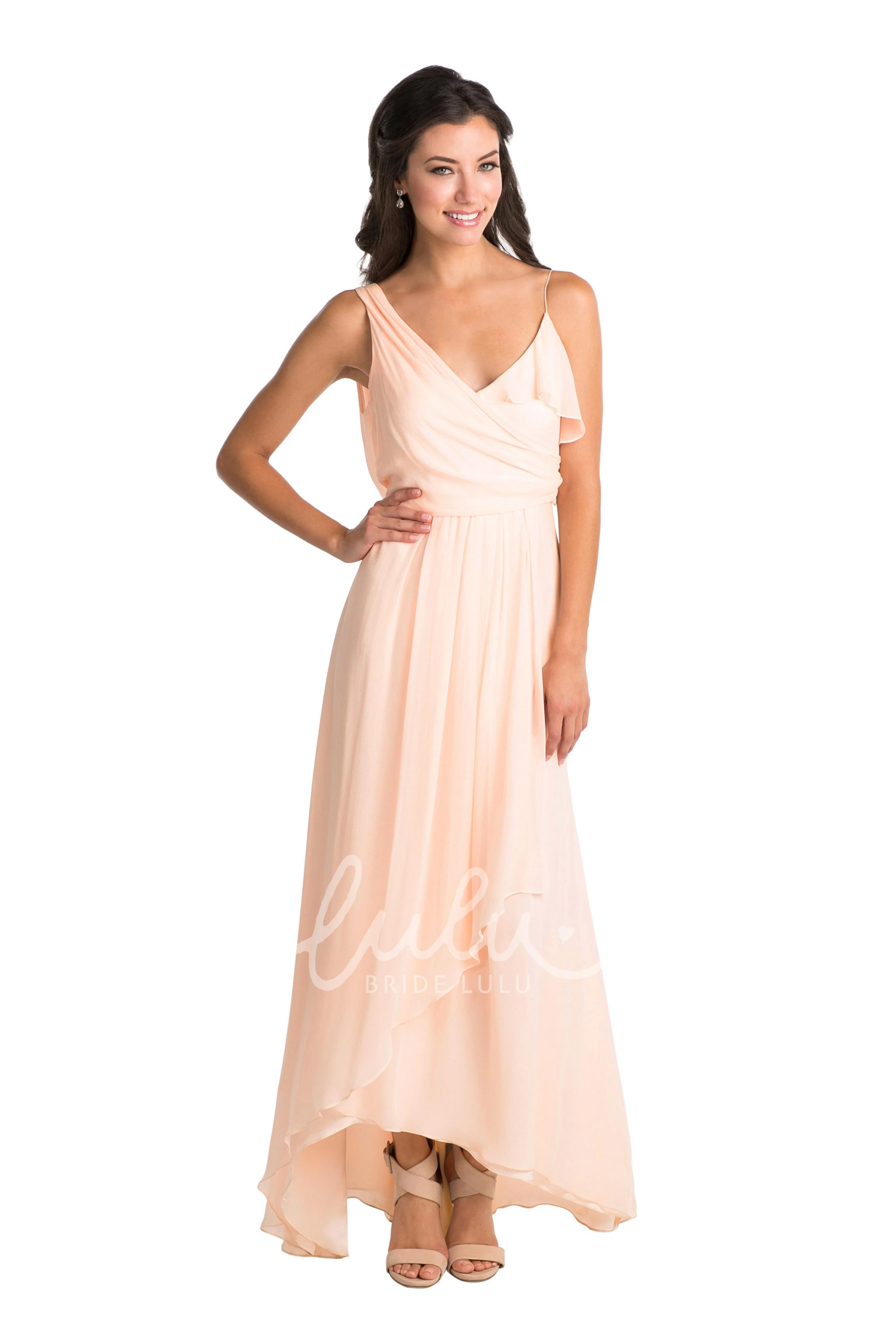 Cap Sleeve V-Neck Chiffon Bridesmaid Dress in Muti-Color High-Low Style