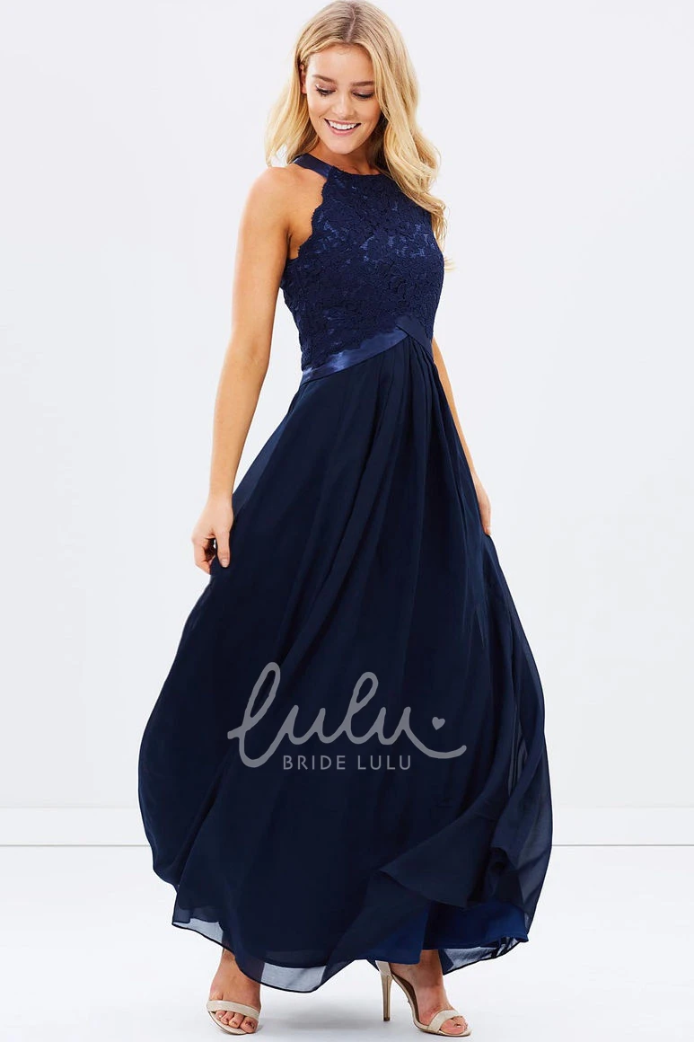 Appliqued Sleeveless A-Line Bridesmaid Dress with Ankle-Length and Zipper Back Flowy Bridesmaid Dress