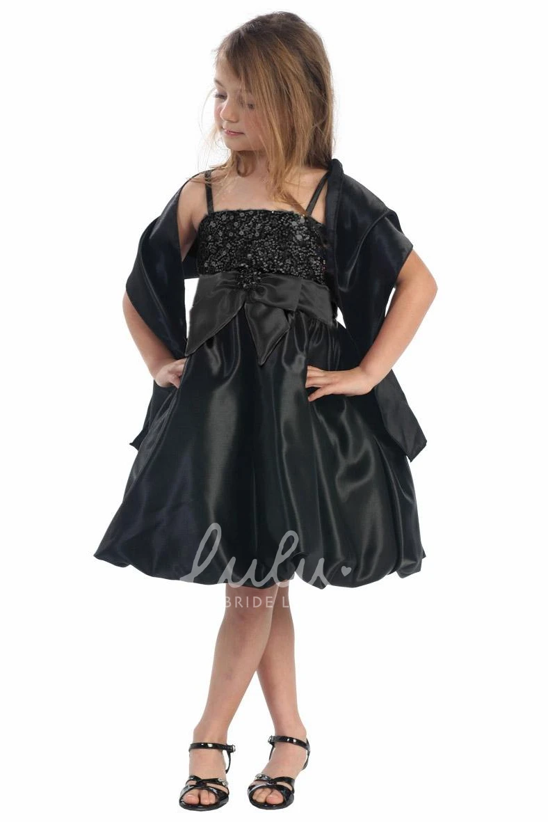 Cap-Sleeve Sequin and Satin Flower Girl Dress with Bow and Cape Knee-Length Chic