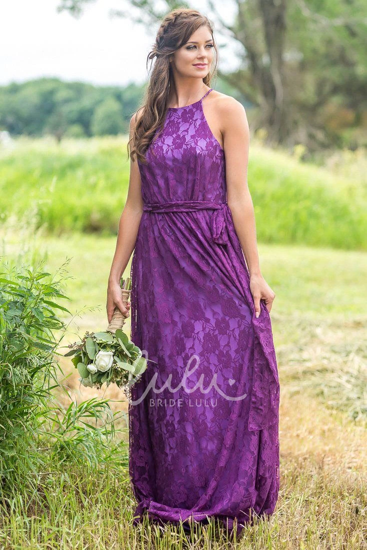 Halter Lace Long Bridesmaid Dress with Sash Elegant Lace Bridesmaid Dress