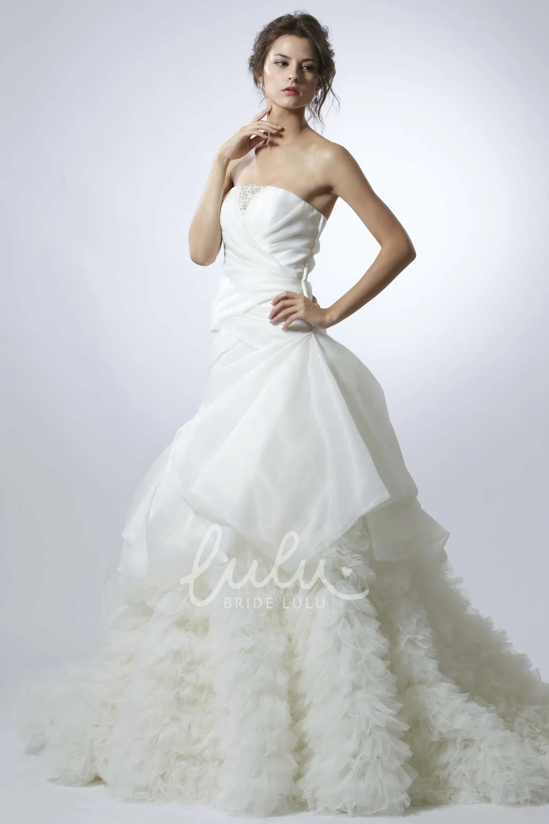 Ruffled Satin Backless Wedding Dress with Beading Unique Bridal Gown