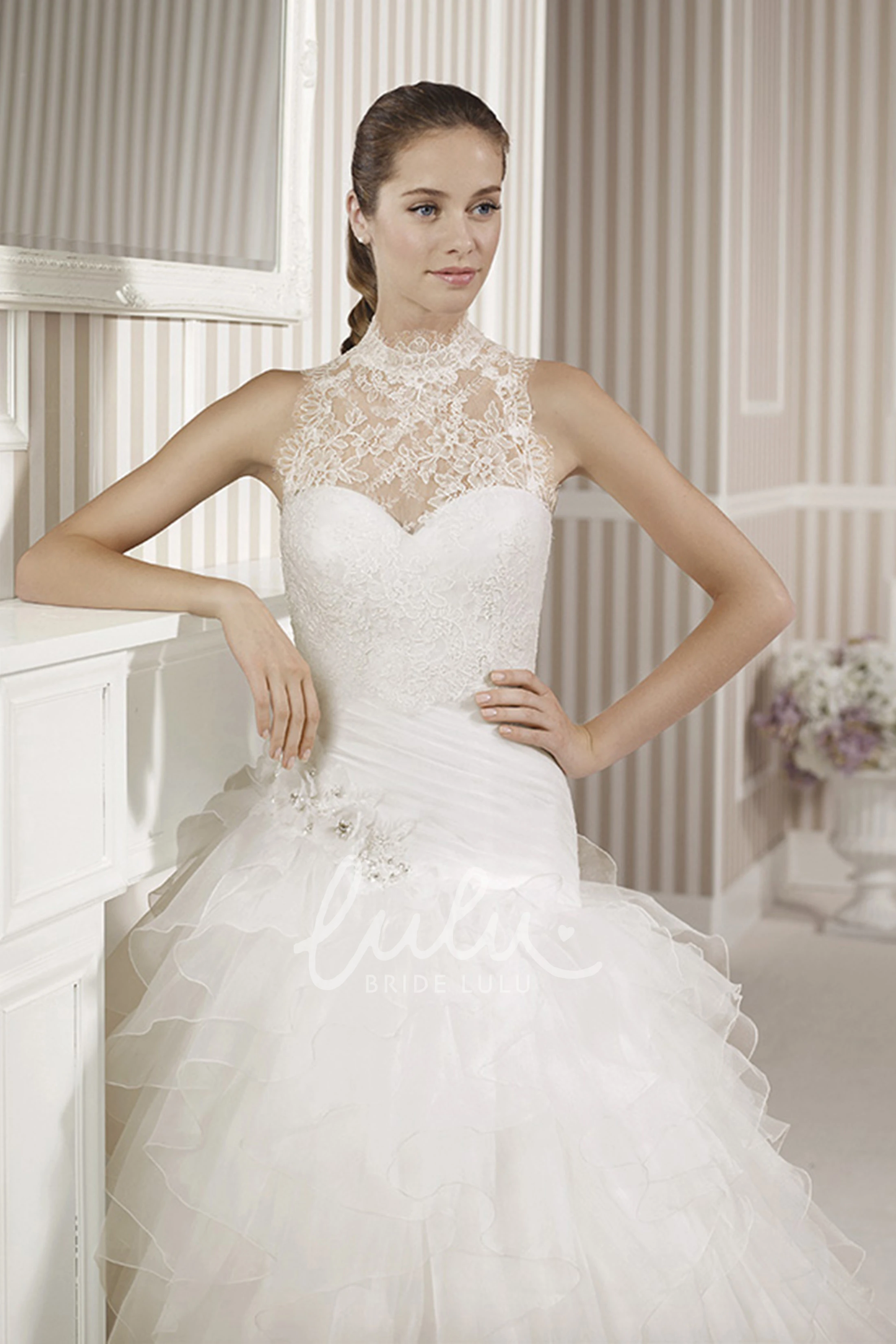 Ruffled Organza Sweetheart Ball Gown Wedding Dress with Criss Cross and Flowers