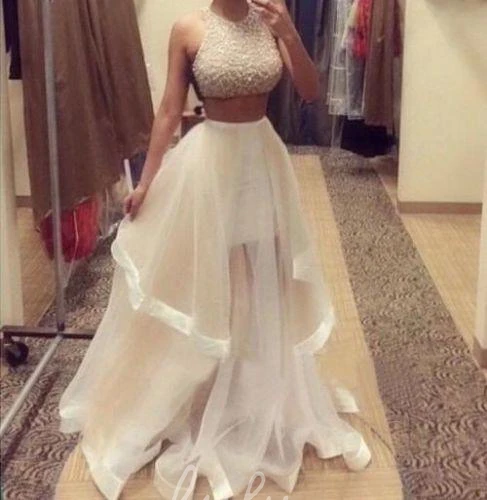 Two-Piece Halter Beaded Prom Dress with Ruffle and Sleeveless