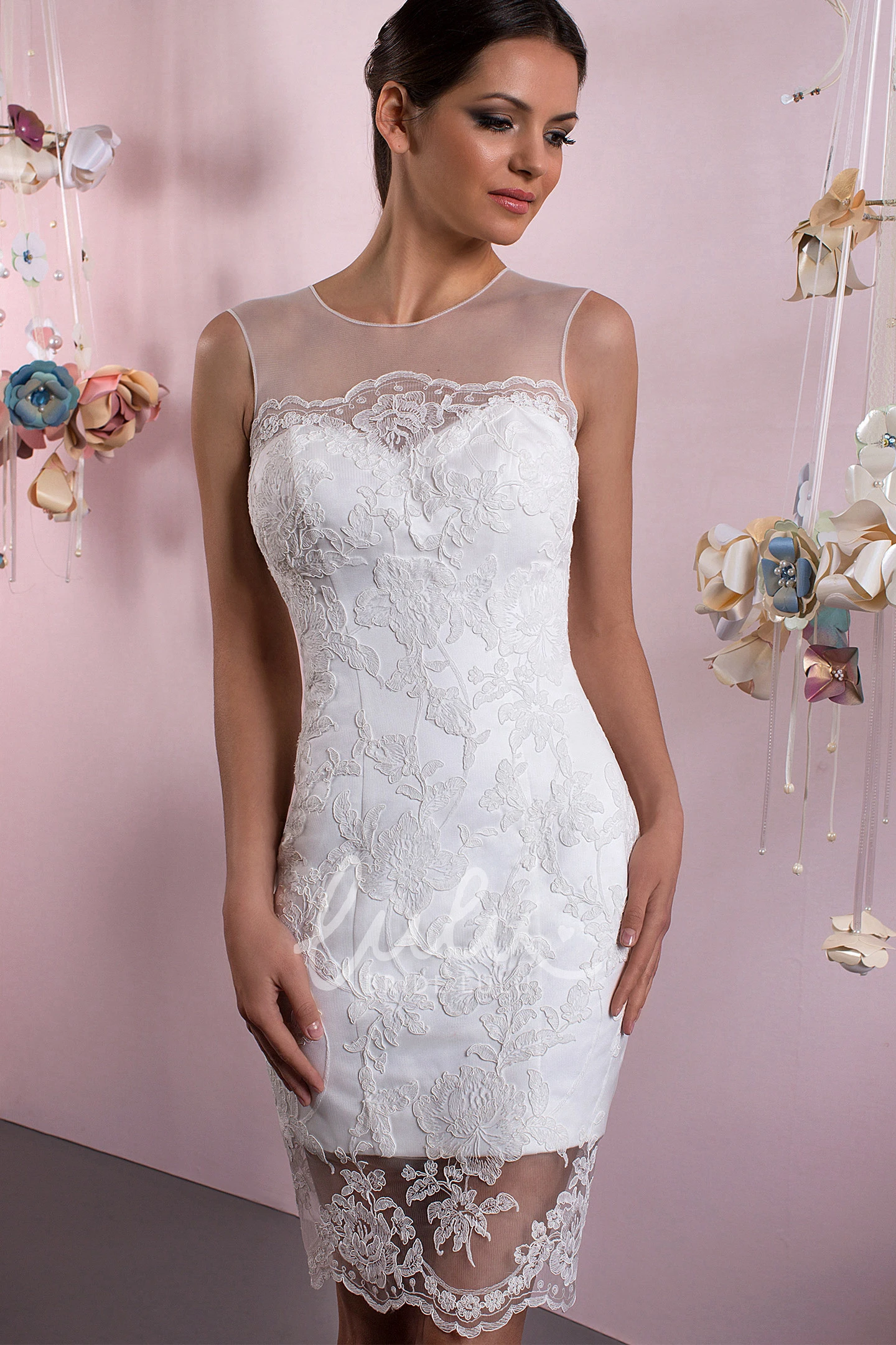 Lace Scoop Satin Wedding Dress with Illusion Back A-Line Floor-Length Style