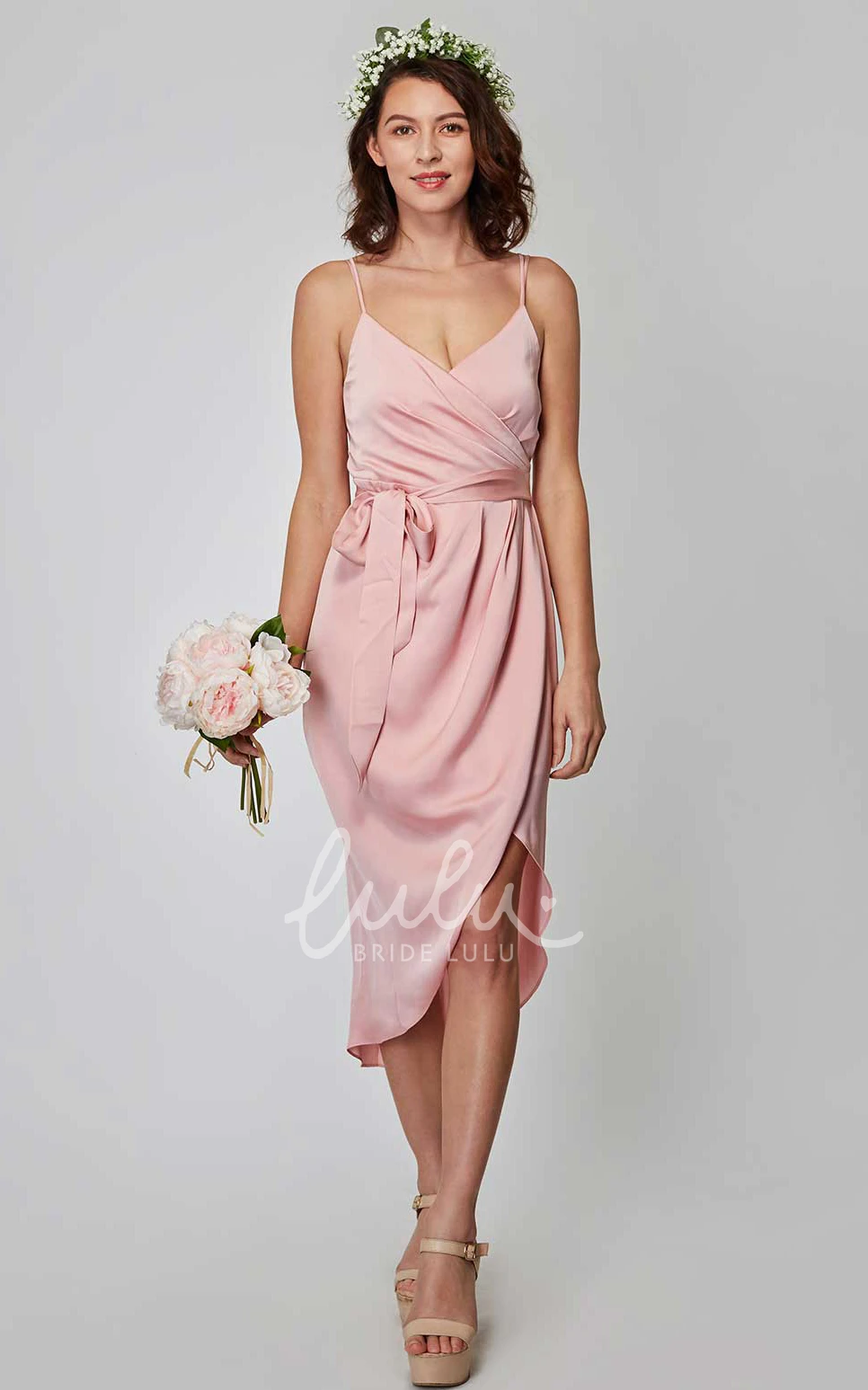 Spaghetti Straps Sheath Charmeuse Bridesmaid Dress with Split Front and Straps