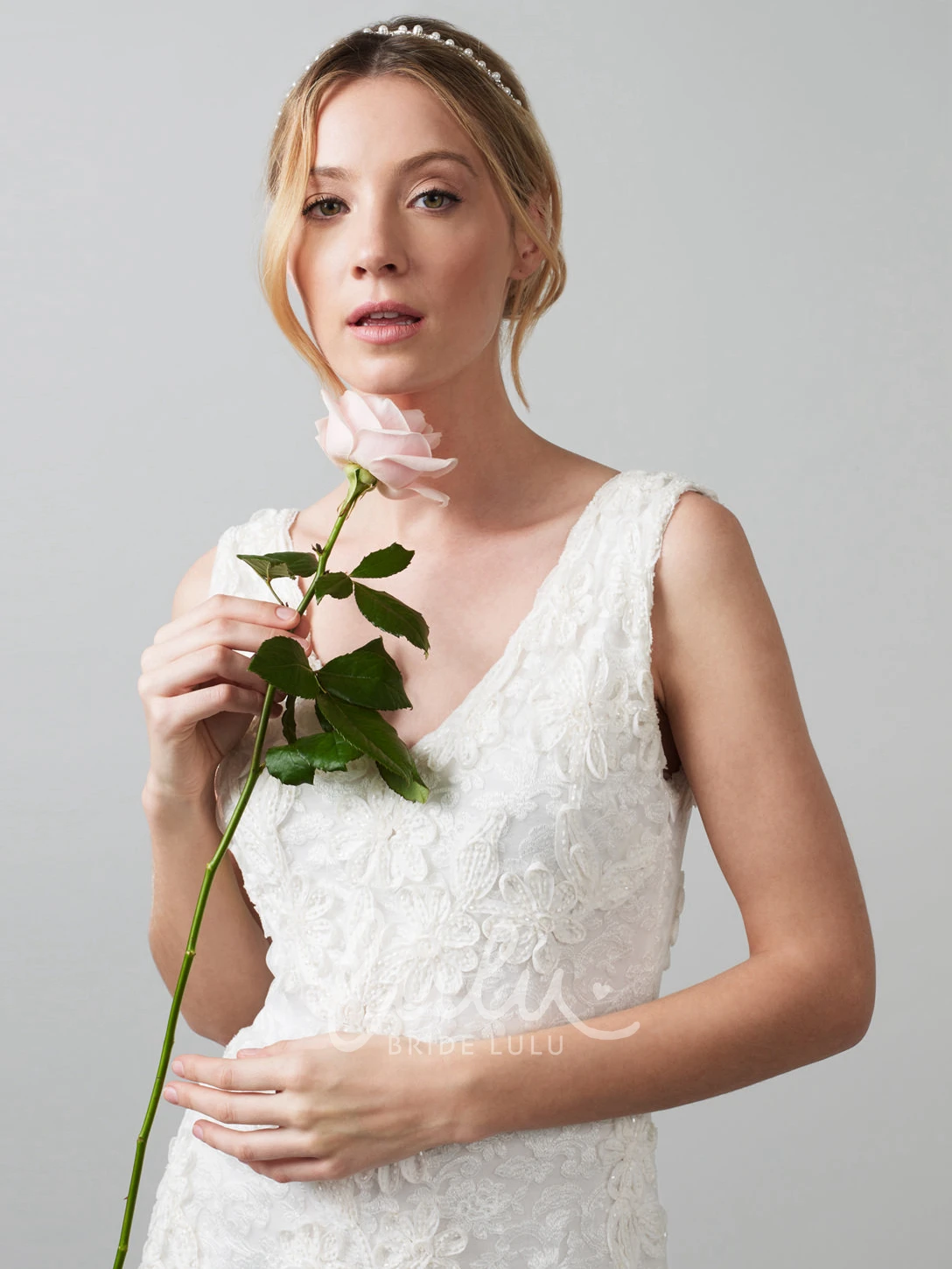 Lace Wedding Dress with V Back Appliqued Midi V-Neck