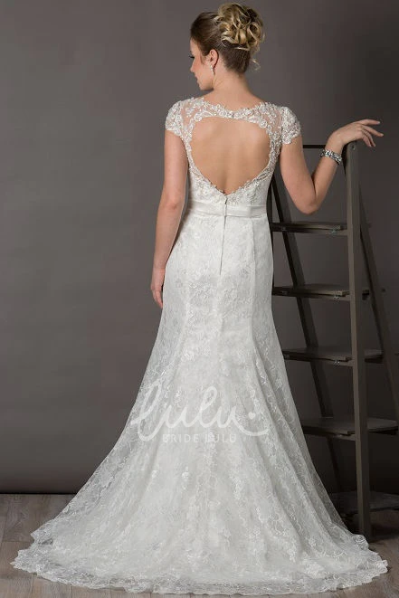 Bateau Lace Wedding Dress with Cap Sleeves Satin Sash and Keyhole Back