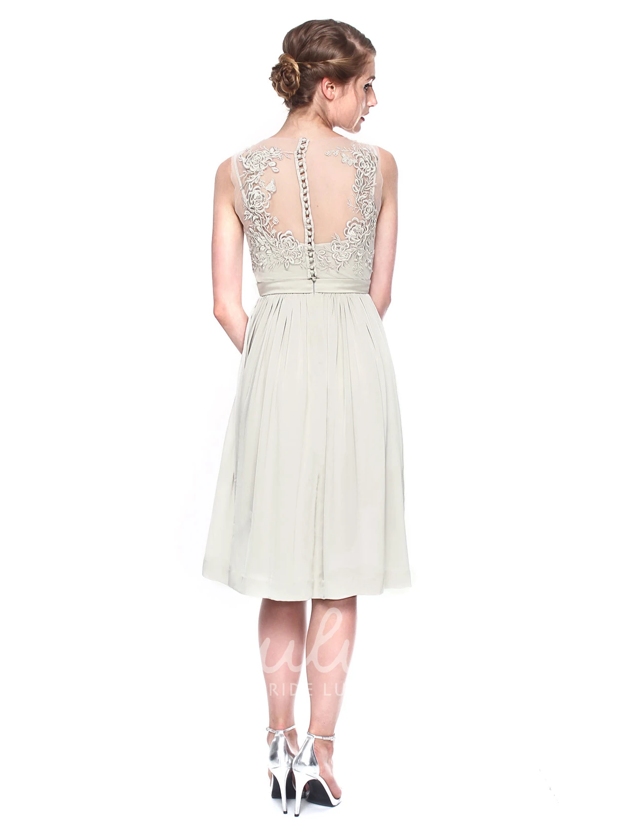 Knee-Length Sleeveless Chiffon Bridesmaid Dress with Illusion Scoop-Neck Unique Bridesmaid Dress