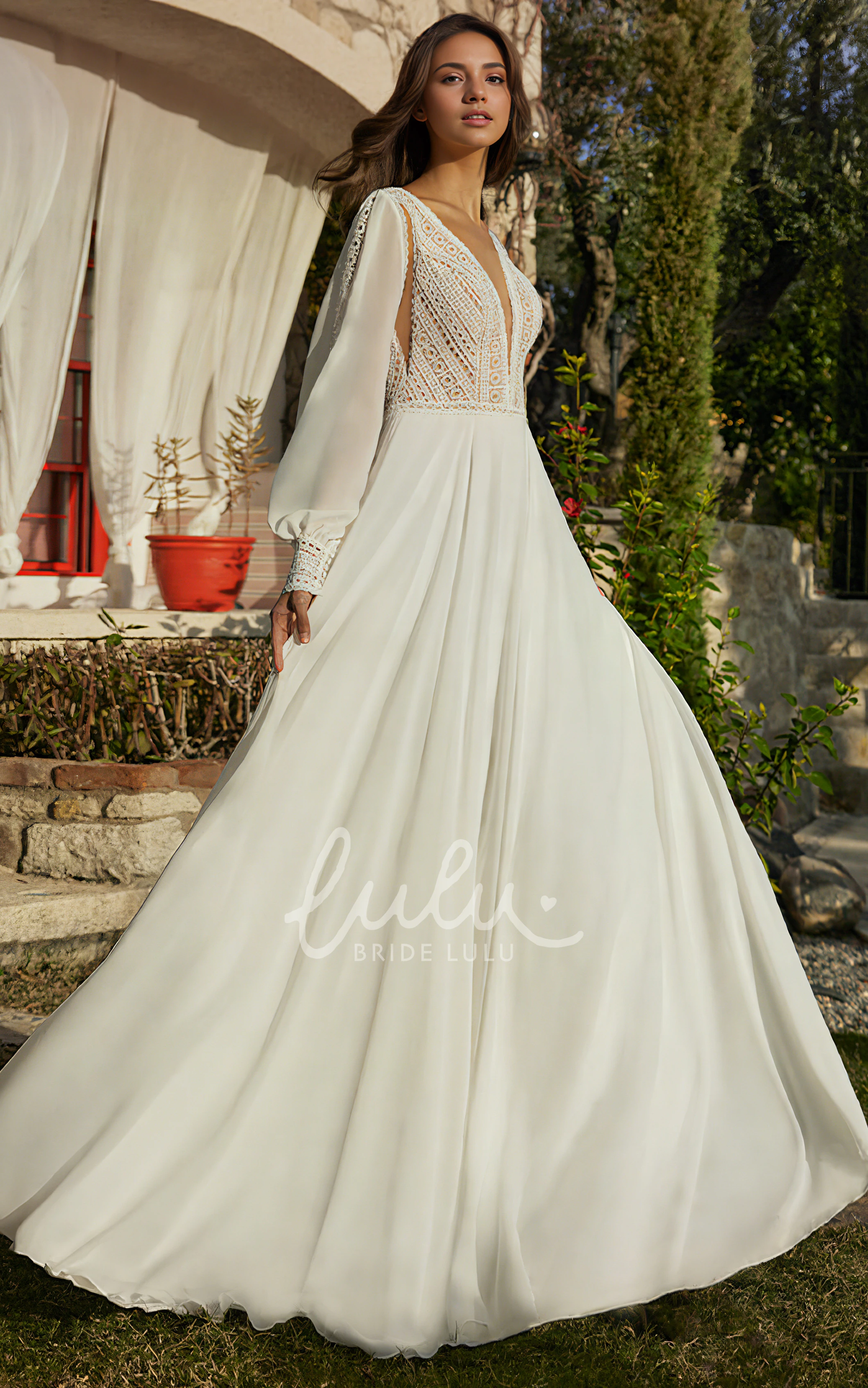 Boho Chic A-Line Plunging Neckline Lace Chiffon Spring Wedding Dress Elegant Sexy Puff Long Sleeve Floor-length Deep-V Back Bridal Gown with Train