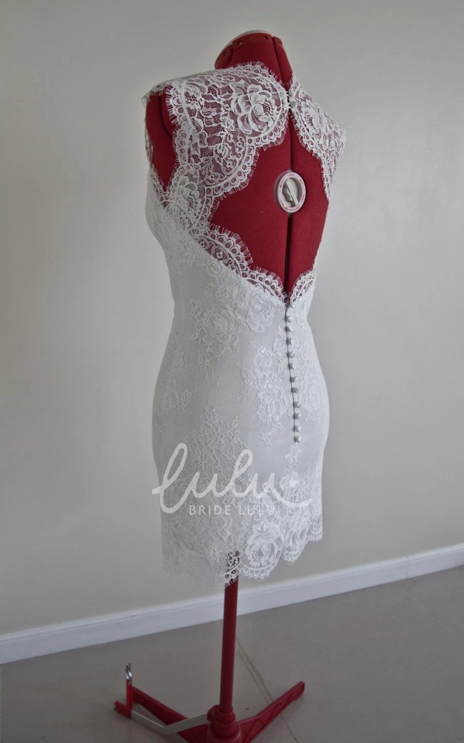 Knee Length Wedding Dress with Queen Anne Neck and Scalloped Back Custom Scalloped Back Wedding Dress