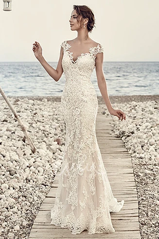 Lace V-Neck Cap-Sleeve Wedding Dress with Illusion Sheath Style