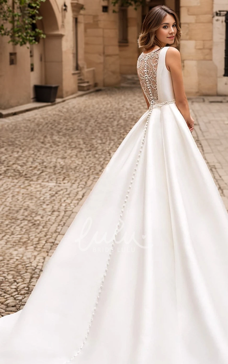 Modest Elegant A-Line Boat Neck Wedding Dress Princess Solid Button Back Court Train Bridal Gown