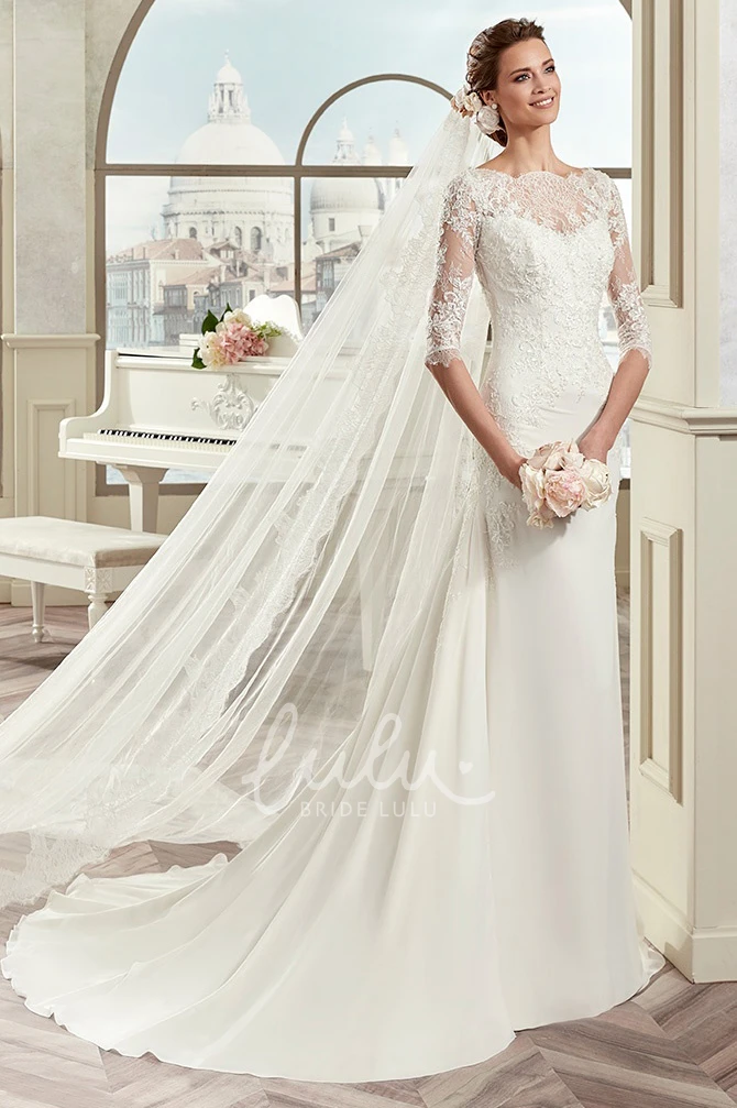 Half-Sleeve Scalloped-Neck Sheath Wedding Dress with Court Train