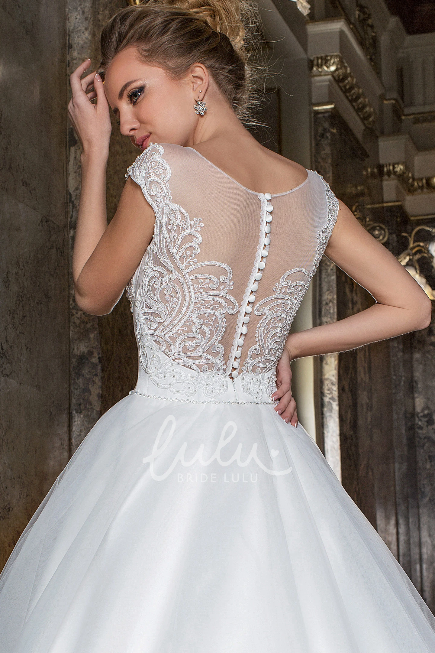 Appliqued Tulle Wedding Dress with Beading and Illusion Maxi Cap-Sleeve Sweetheart