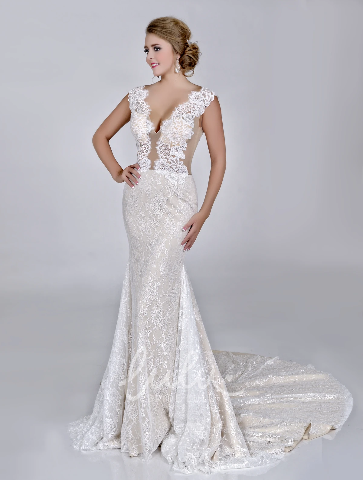 Sleeveless Lace V-Neck Sheath Wedding Dress with Court Train Bridal Gown