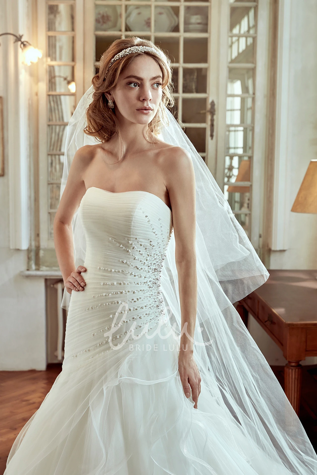 Pearl Embellished Strapless Wedding Dress with Side Draping