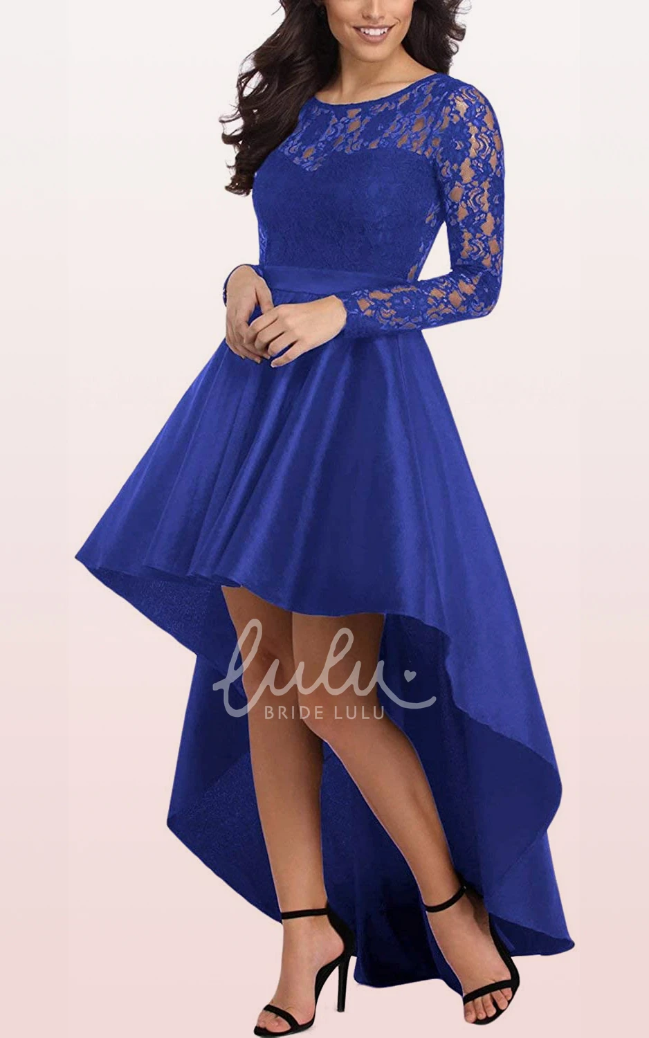 Long Sleeve Lace Taffeta Illusion Formal Dress with Ruffles