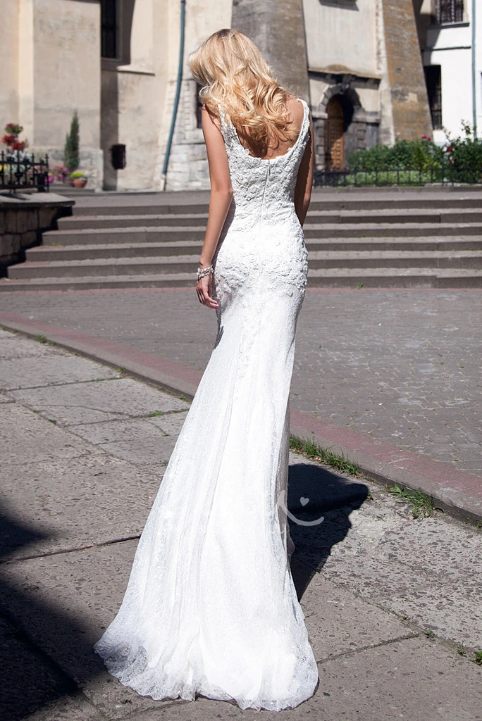 Lace Sheath Wedding Dress with Low-V Back and Pleats Sleeveless
