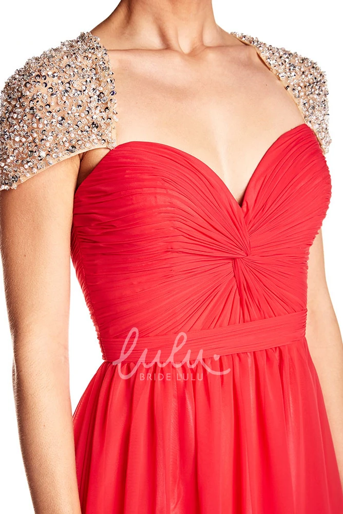 Maxi A-Line Chiffon Prom Dress with Beading Cap-Sleeve Sweetheart Keyhole Back