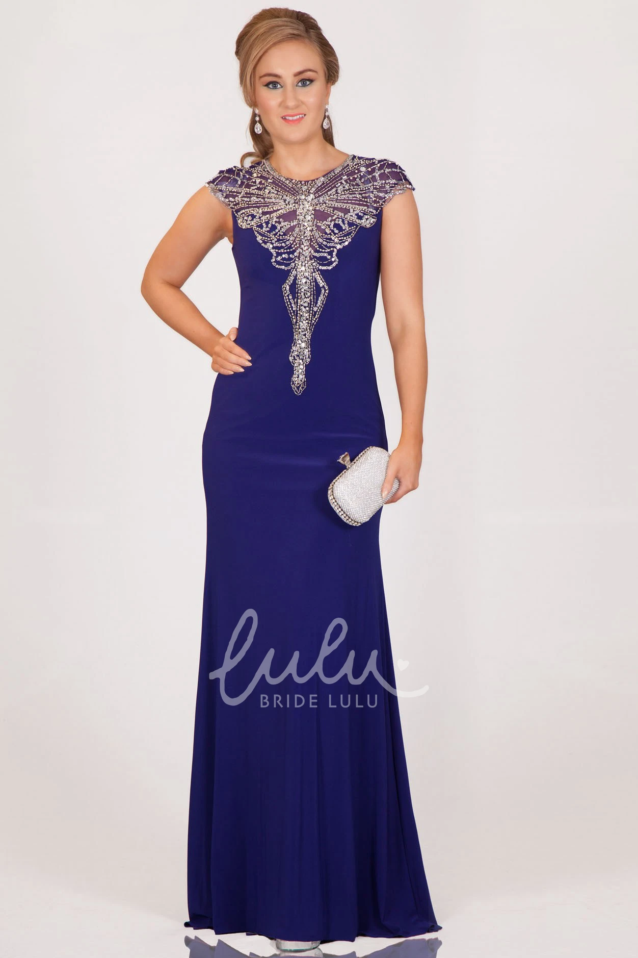 Cap-Sleeve Sheath Jersey Prom Dress with Beading Long