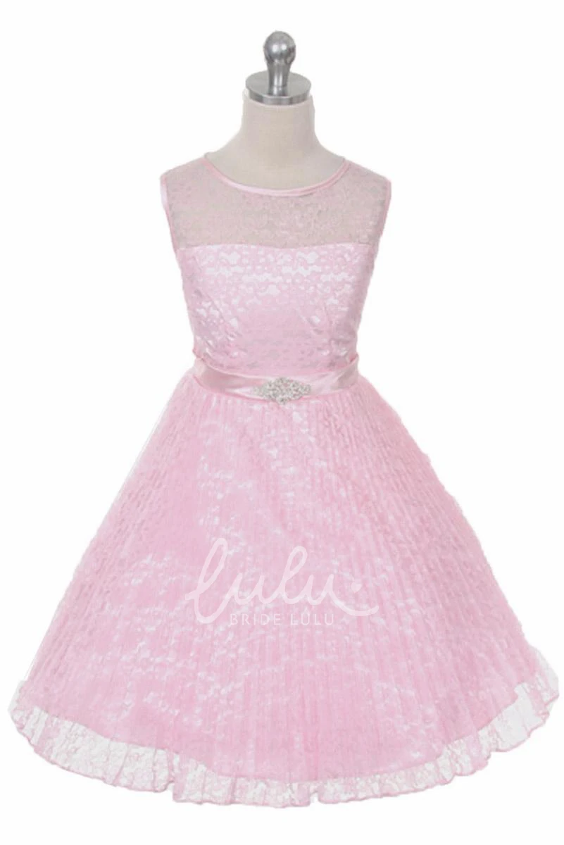 Illusion Lace and Satin Tea-Length Flower Girl Dress Elegant Design