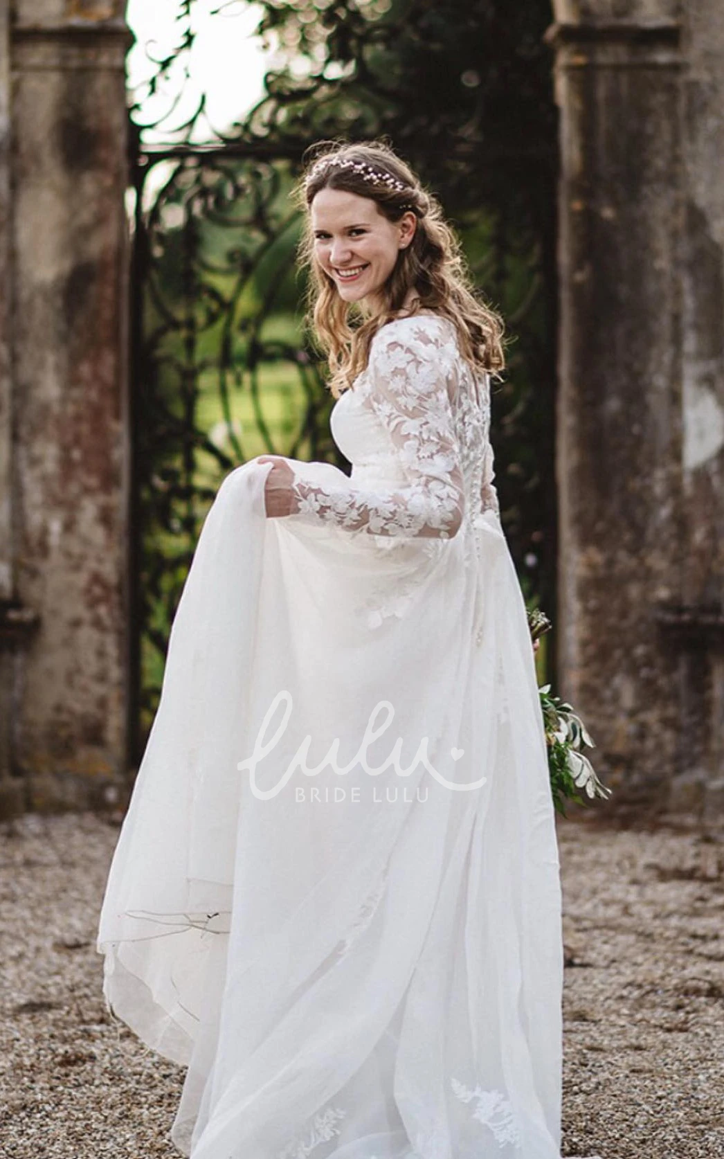 Modest Long Sleeve A-Line Tulle Wedding Dress with Appliques and Button Back